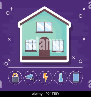 house icon with smart house related icons over purple background, colorful design. vector illustration Stock Vector