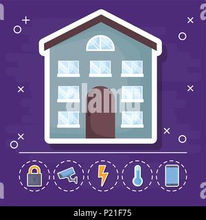 house icon with smart house related icons over purple background, colorful design. vector illustration Stock Vector