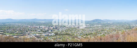 Roanoke, USA - April 18, 2018: Aerial Cityscape Skyline Panoramic panorama view of city in Virginia during spring with office buildings headquarters,  Stock Photo