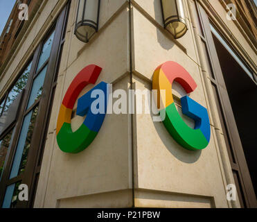 The Google logo outside of a Google Home promotional event in New York on Friday, June 1, 2018. (© Richard B. Levine) Stock Photo