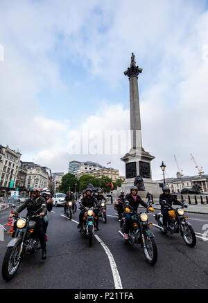 Elephant Family's 'Concours d'Ã©lÃ©phant' made up of a customised fleet of Royal Enfield bikes, Ambassador cars and a tuk tuk parading through Trafalgar Square during the photocall in London. PRESS ASSOCIATION Photo. Picture date: Tuesday June 12, 2018. A customised fleet of 12 Ambassador cars, eight Royal Enfield motorbikes, a tuk tuk and a Gujarati Chagda made up the 'Concours d'Ã©lÃ©phant' - a cavalcade of designer inspired, quintessentially Indian vehicles - while thirty beautifully decorated elephant sculptures will stand sentinel across the capital, ambassadors for their cousins Stock Photo