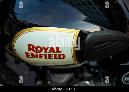 Details of the customised Royal Enfield fleet for the Elephant Family's 'Concours d''©l'©phant' dawn raid during the photocall in London. PRESS ASSOCIATION Photo. Picture date: Tuesday June 12, 2018. A customised fleet of 12 Ambassador cars, eight Royal Enfield motorbikes, a tuk tuk and a Gujarati Chagda made up the 'Concours d''©l'©phant' - a cavalcade of designer inspired, quintessentially Indian vehicles - while thirty beautifully decorated elephant sculptures will stand sentinel across the capital, ambassadors for their cousins in the wild. Stock Photo