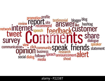Comments, word cloud concept on white background. Stock Photo