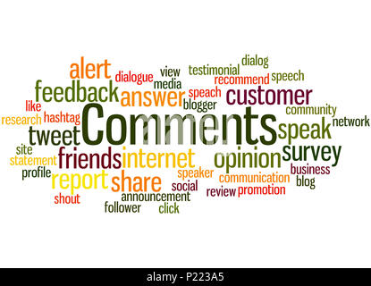 Comments, word cloud concept on white background. Stock Photo