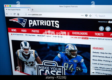 LONDON, UK - FEBRUARY 24TH 2018: The homepage of the official website for the New England Patriots - the American football team, on 24th February 2018 Stock Photo