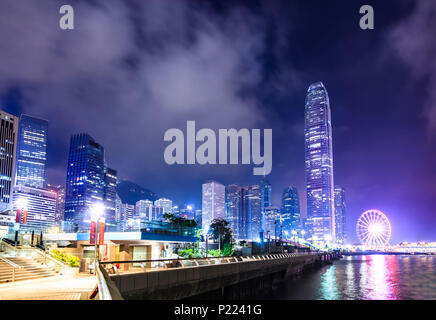 Hong Kong city night.Night view of Central Plaza,Hong Kong Central Business District. View from the waterfront promenade and park along the Victoria Stock Photo