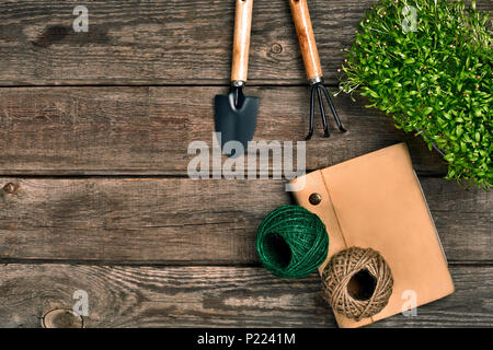 Gardening tools and greenery on wooden table. Spring in the garden Stock Photo