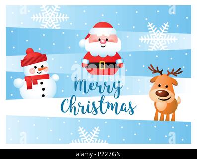 Merry Christmas. Greeting card with funny cartoon characters. Santa Clause, Snowman, Reindeer. Vector illustration. Stock Vector
