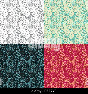 4 seamless pattern from curls, shells, sea pattern Stock Vector