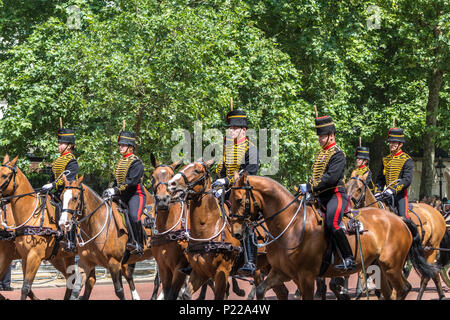 Soldiers from The King's Troop Royal Horse Artillery making their way on horse back along The Mall at Trooping The Colour, London,UK,  2018 Stock Photo