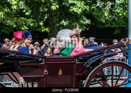 Sophie The Countess of Wessex and Lady Louise Windsor riding together in a carriage along The Mall at Trooping The Colour, London, UK , 2018 Stock Photo