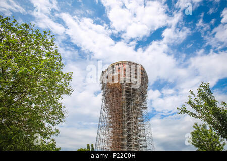 A low angle view of the Vukovar water tower under construction and intended to be a memorial place in Vukovar, Croatia. It is a symbol of the city suf Stock Photo