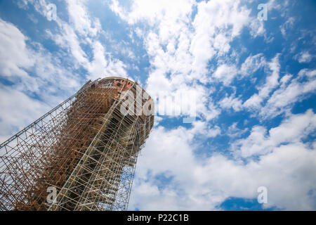 A low angle view of the Vukovar water tower under construction and intended to be a memorial place in Vukovar, Croatia. It is a symbol of the city suf Stock Photo