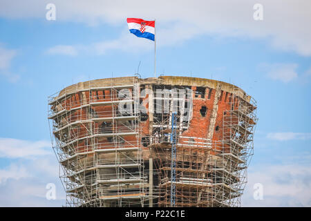 A view of the Vukovar water tower under reconstruction and  intended to be a memorial place in Vukovar, Croatia. It is a symbol of the city suffering  Stock Photo