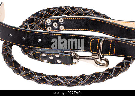 black leather leash on a white background. Stock Photo