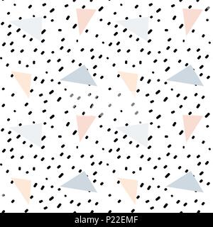 hand drawn black confetti on white background simple abstract seamless vector pattern illustration with pastel pink and blue triangles Stock Vector