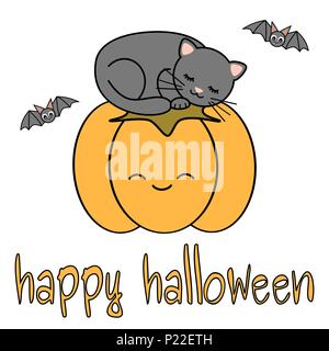 cute cartoon hand drawn lettering happy halloween vector card with black cat sleeping on a  smiling pumpkin Stock Vector