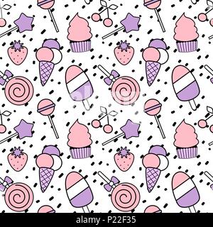 hand drawn black confetti on white background simple abstract seamless vector pattern illustration with colorful candies Stock Vector