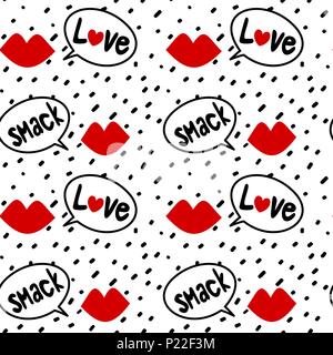 hand drawn black confetti on white background simple abstract seamless vector pattern illustration with red lips and speech bubbles Stock Vector