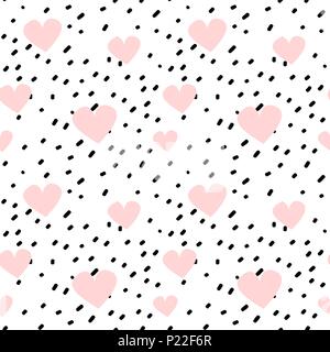 hand drawn black confetti on white background simple abstract seamless vector pattern illustration with pink hearts Stock Vector