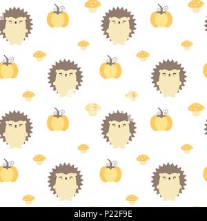 cute fall autumn seamless vector pattern background illustration with hedgehogs, pumpkins and mushrooms Stock Vector