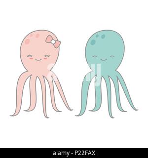 Cute cartoon couple of octopuses. Vector illustration isolated on white background Stock Vector