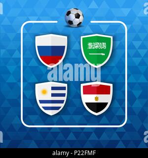 Soccer championship event schedule. Group A country team list of football match games. Includes Russia, Saudi Arabia, Egypt and Uruguay. EPS10 vector. Stock Vector