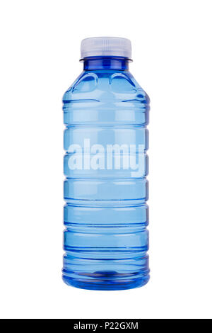 front view closeup of small blue plastic pet bottle with vitamin water and white cap isolated on white background Stock Photo