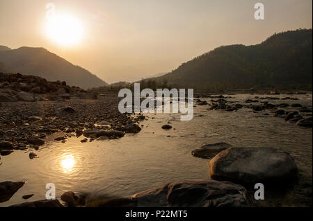 Confluence of Sarda and Ladhya rivers near Chuka village, location made famous by Jim Corbett in his book Maneaters of Kumaon, Uttarakhand, India Stock Photo