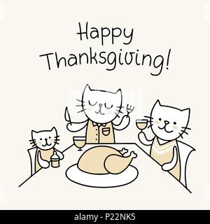 Thanksgiving Day poster with family of funny cats seated around the table and eating the turkey. Flat vector animal illustration Stock Vector