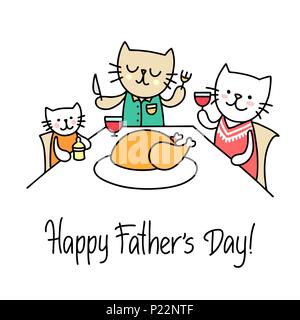 Family of cats celebrate the Happy Father's Day with big chicken. Cartoon animal flat vector illustration Stock Vector