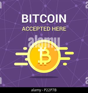 Gold coin of bitcoin cryptocurrency accepted here banner. Flat vector illustration with isolated coin on dark background Stock Vector