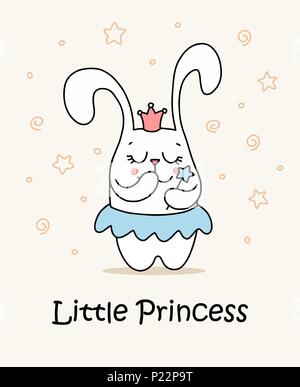 Cute little bunny princess with magic wand. Flat vector cartoon animal illustration Stock Vector