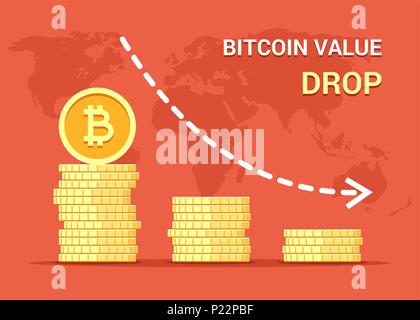 Bitcoin value drop down concept illustration. Stacks of gold vector flat coins Stock Vector