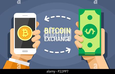 Hand holding mobile phone with bitcoins and cash vector flat colored illustration. Exchange the dollar on bitcoin and right back Stock Vector
