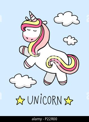 Fantasy cute unicorn in the sky with funny clouds on the blue background vector flat illustration Stock Vector