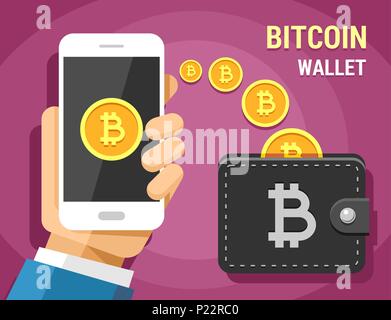 Vector colorful flat illustration of cryptocurrency bitcoin and mobile banking. Hand holding mobile phone sending gold bitcoins into the wallet Stock Vector