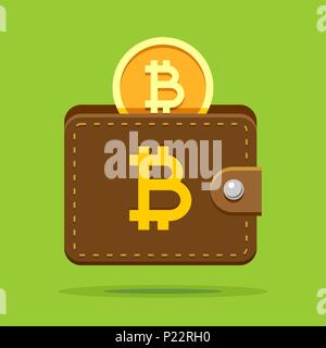 Bitcoin crypto wallet from brown leather and coin inside. Vector colored flat illustration of digital conceptual currency Stock Vector