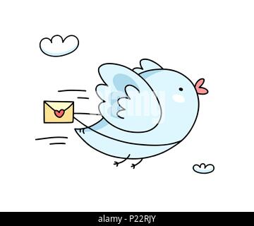 Cute blue bird flying with love message. Flat vector funny cartoon illustration card Stock Vector