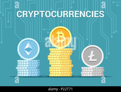 Bitcoin, Litecoin and Ethereum crypto coins in three stacks. Vector flat concept modern illustration Stock Vector