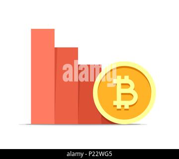 Bitcoin value drop concept illustration isolated on white background. Vector flat cryptocurrency coin Stock Vector