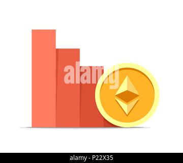 Ethereum value drop concept illustration isolated on white background. Vector flat cryptocurrency coin Stock Vector