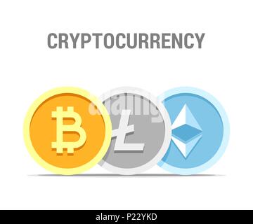 Bitcoin, Litecoin and Ethereum cryptocurrency coins. Vector flat concept modern illustration Stock Vector