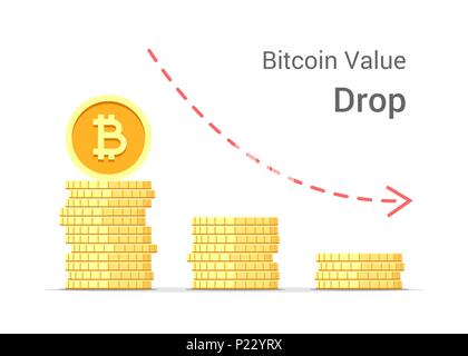 Bitcoin value drop concept illustration isolated on white background. Stacks of gold vector flat coins Stock Vector