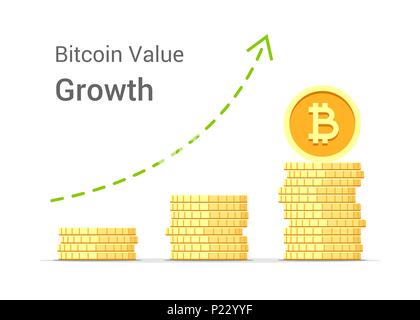 Bitcoin value growth concept illustration isolated on white background. Stacks of gold vector flat coins Stock Vector