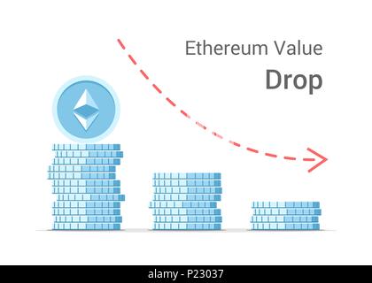 Ethereum value drop concept illustration isolated on white background. Stacks of blue vector flat coins Stock Vector