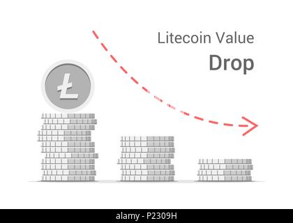 Litecoin value drop concept illustration isolated on white background. Stacks of silver vector flat coins Stock Vector