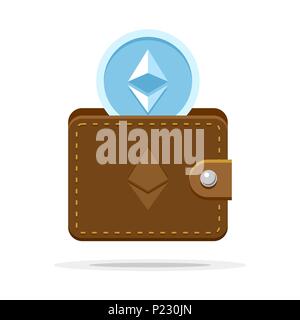 Ethereum wallet and coin inside isolated on white background. Vector colored flat illustration of digital cryptocurrency Stock Vector