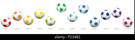 Soccer balls loosely arranged. Rainbow colored jumping soccer ball set, twelve different colors - illustration on white background. Stock Photo