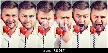Composed photos of expressive man reacting on bad news while speaking on old-fashioned phone. Stock Photo